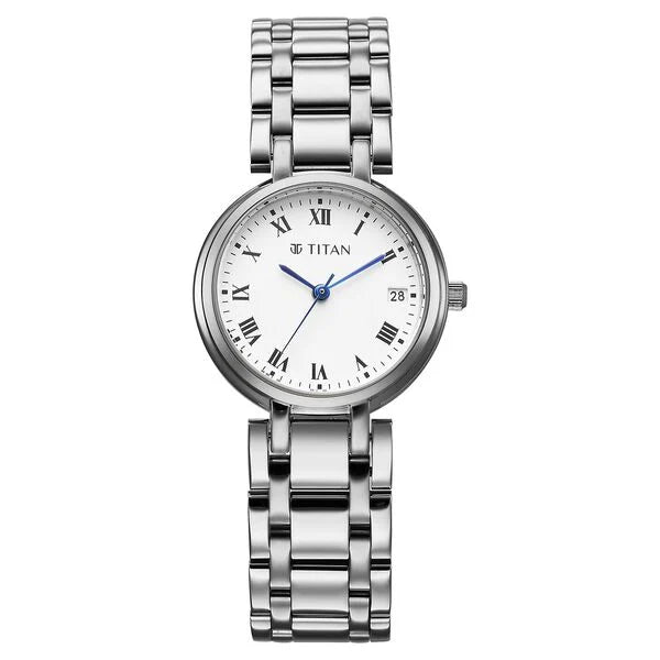 Titan Eminence Workwear Quartz Analog White Dial Silver Metal Strap Watch For Women nu95370sm01