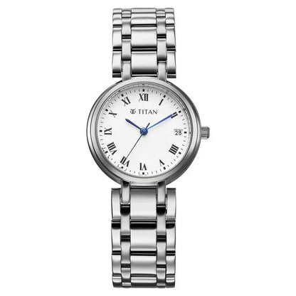 Titan Eminence Workwear Quartz Analog White Dial Silver Metal Strap Watch For Women nu95370sm01