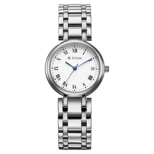 Titan Eminence Workwear Quartz Analog White Dial Silver Metal Strap Watch For Women nu95370sm01