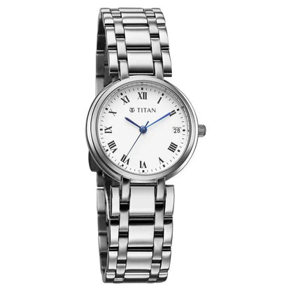Titan Eminence Workwear Quartz Analog White Dial Silver Metal Strap Watch For Women nu95370sm01