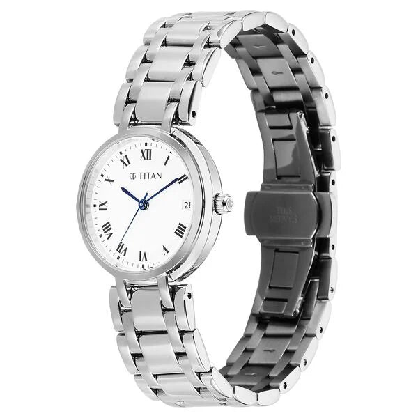 Titan Eminence Workwear Quartz Analog White Dial Silver Metal Strap Watch For Women nu95370sm01