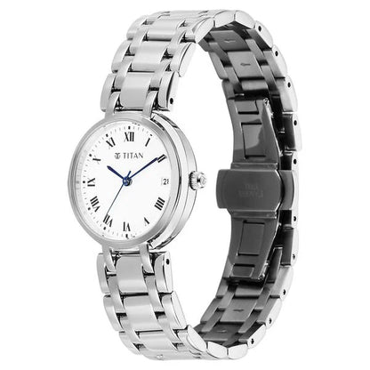 Titan Eminence Workwear Quartz Analog White Dial Silver Metal Strap Watch For Women nu95370sm01