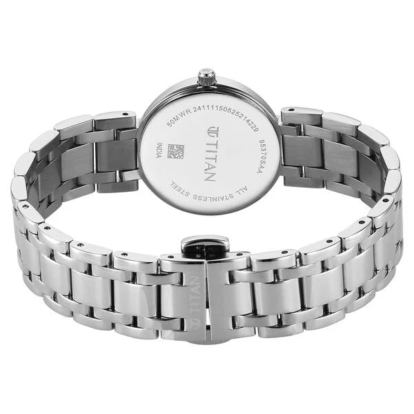 Titan Eminence Workwear Quartz Analog White Dial Silver Metal Strap Watch For Women nu95370sm01