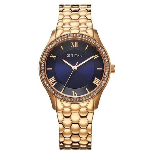 Titan Purple Glamour Quartz Analog Blue Dial Rose Gold Stainless Steel Strap Watch For Women nu95373wm01