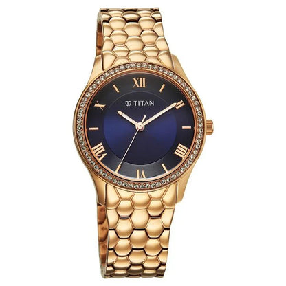 Titan Purple Glamour Quartz Analog Blue Dial Rose Gold Stainless Steel Strap Watch For Women nu95373wm01