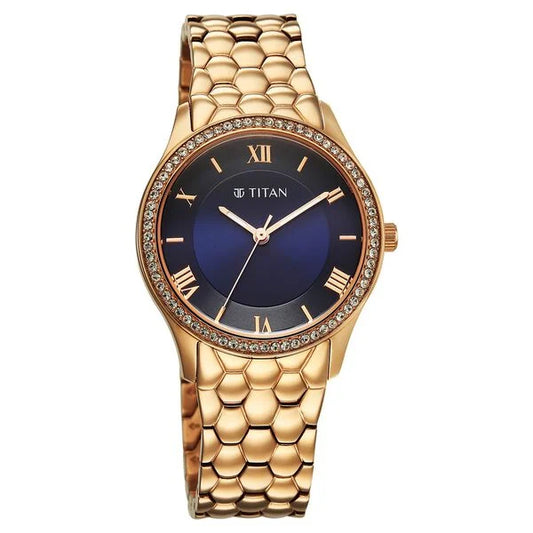 Titan Purple Glamour Quartz Analog Blue Dial Rose Gold Stainless Steel Strap Watch For Women nu95373wm01