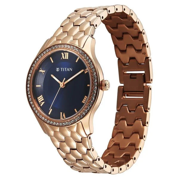 Titan Purple Glamour Quartz Analog Blue Dial Rose Gold Stainless Steel Strap Watch For Women nu95373wm01