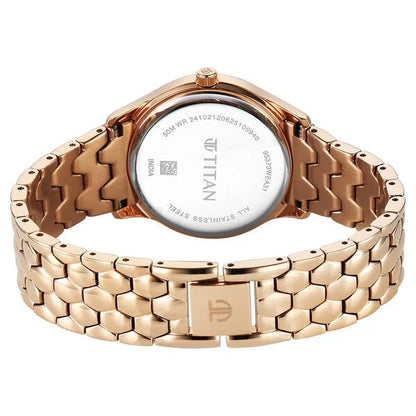 Titan Purple Glamour Quartz Analog Blue Dial Rose Gold Stainless Steel Strap Watch For Women nu95373wm01