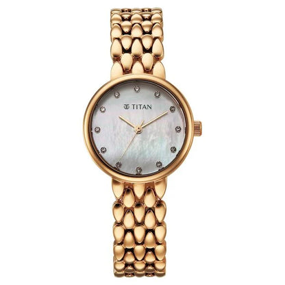 Titan Purple Glamour Quartz Analog Mother Of Pearl Dial Rose Gold Stainless Steel Strap Watch For Women nu95374wm01