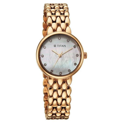 Titan Purple Glamour Quartz Analog Mother Of Pearl Dial Rose Gold Stainless Steel Strap Watch For Women nu95374wm01