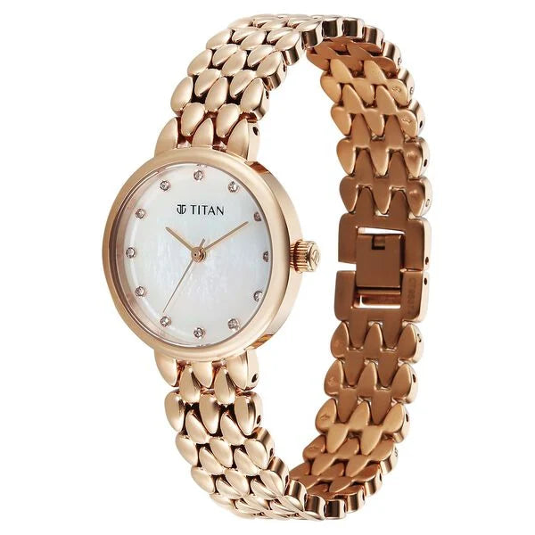 Titan Purple Glamour Quartz Analog Mother Of Pearl Dial Rose Gold Stainless Steel Strap Watch For Women nu95374wm01