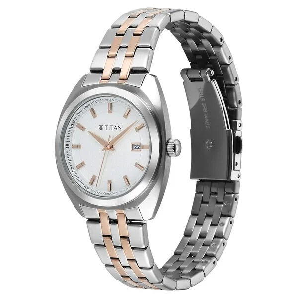 Titan Work Essentials Quartz Analog Silver Dial Two Toned Metal Strap Watch For Women 95377km01