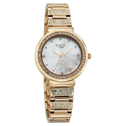 Titan Raga Spotlight Quartz Analog Mother of Pearl Dial Rose Gold Metal Strap Watch For Women
