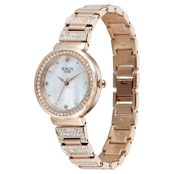 Titan Raga Spotlight Quartz Analog Mother of Pearl Dial Rose Gold Metal Strap Watch For Women