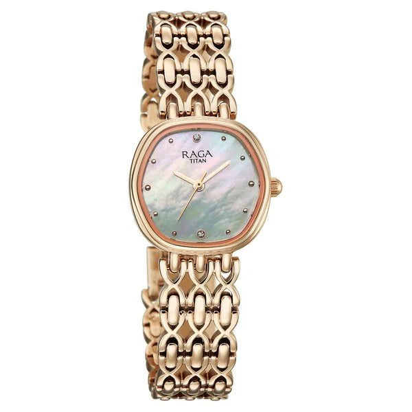 Titan Raga Spotlight Quartz Analog White Dial Rose Gold Metal Strap Watch For Women 95421WM01