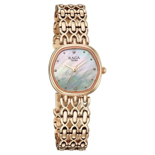 Titan Raga Spotlight Quartz Analog White Dial Rose Gold Metal Strap Watch For Women 95421WM01