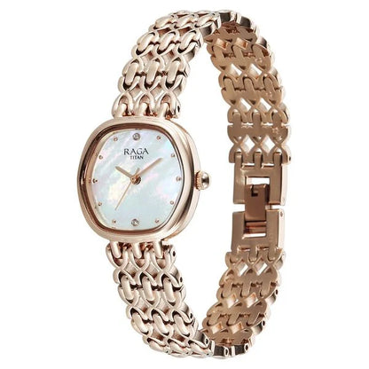 Titan Raga Spotlight Quartz Analog White Dial Rose Gold Metal Strap Watch For Women 95421WM01