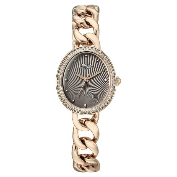 Titan Raga Spotlight Quartz Analog Grey Dial Rose Gold Metal Strap Watch For Women 95429wm01