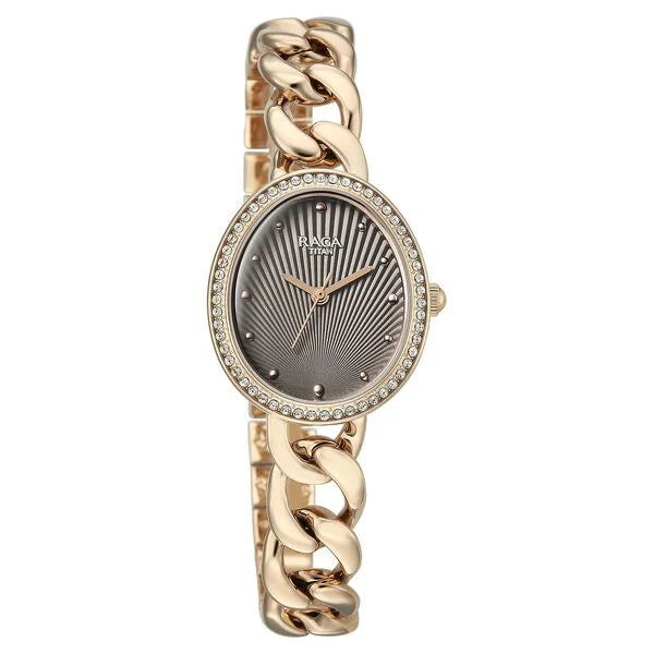 Titan Raga Spotlight Quartz Analog Grey Dial Rose Gold Metal Strap Watch For Women 95429wm01