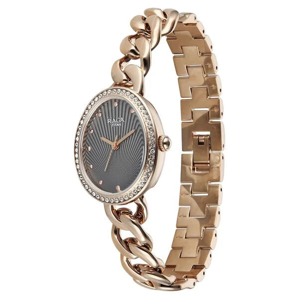 Titan Raga Spotlight Quartz Analog Grey Dial Rose Gold Metal Strap Watch For Women 95429wm01