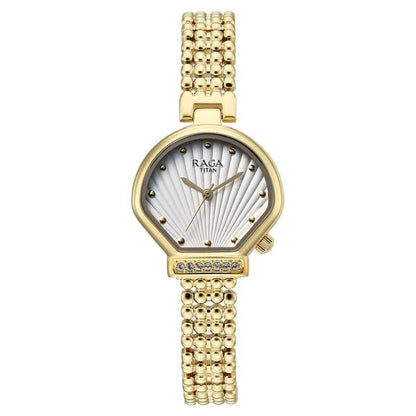 Titan Raga Spotlight Quartz Analog White Dial Golden Metal Strap Watch For Women 95432ym01