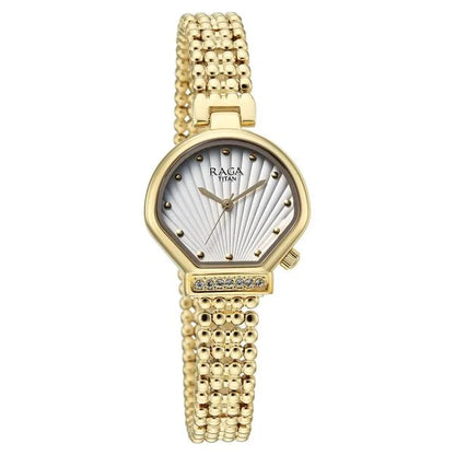 Titan Raga Spotlight Quartz Analog White Dial Golden Metal Strap Watch For Women 95432ym01