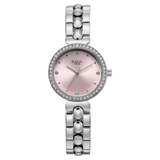 Raga Showstopper Quartz Analog Pink Dial Silver Metal Strap Watch For Women