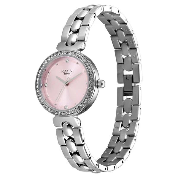 Raga Showstopper Quartz Analog Pink Dial Silver Metal Strap Watch For Women