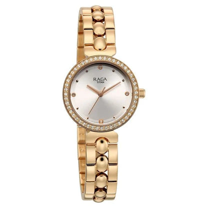Raga Showstopper Quartz Analog Silver Dial Rose Gold Metal Strap Watch For Women