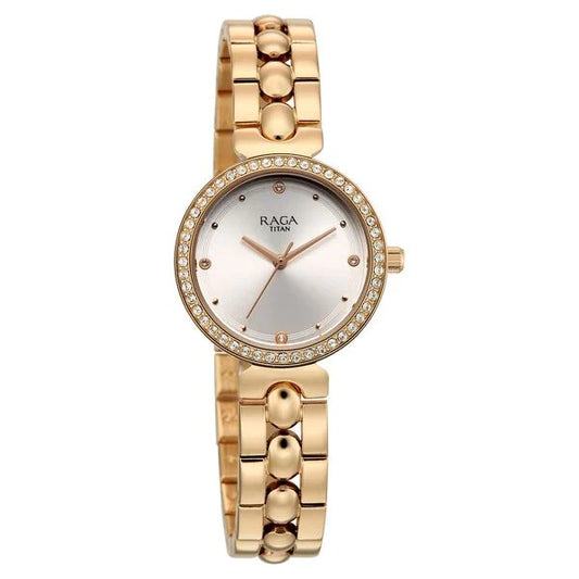 Raga Showstopper Quartz Analog Silver Dial Rose Gold Metal Strap Watch For Women