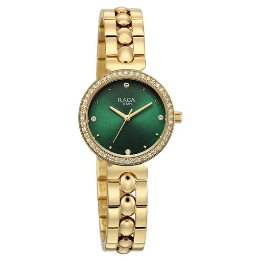 Raga Showstopper Quartz Analog Green Dial Golden Metal Strap Watch For Women 95459ym01