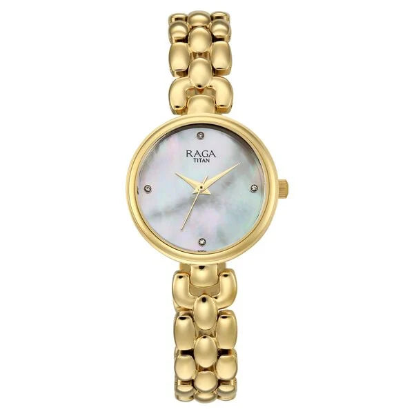 Raga Showstopper Quartz Analog Mother of Pearl Dial Golden Metal Strap Watch For Women 95461ym01