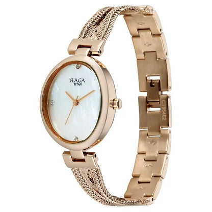 Raga Showstopper Quartz Analog Mother of Pearl Dial Rose Gold Metal Strap Watch For Women 95462wm01