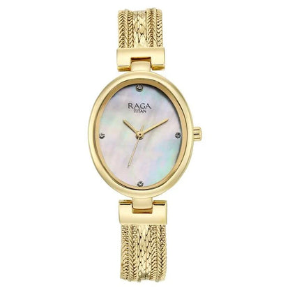 Raga Showstopper Quartz Analog Mother of Pearl Dial Golden Metal Strap Watch For Women 95462ym01