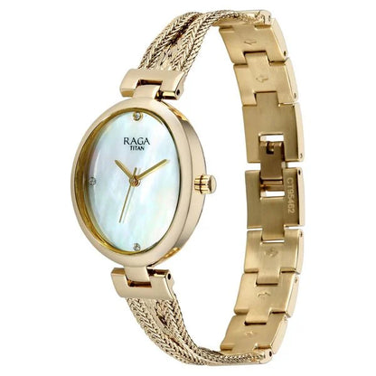 Raga Showstopper Quartz Analog Mother of Pearl Dial Golden Metal Strap Watch For Women 95462ym01
