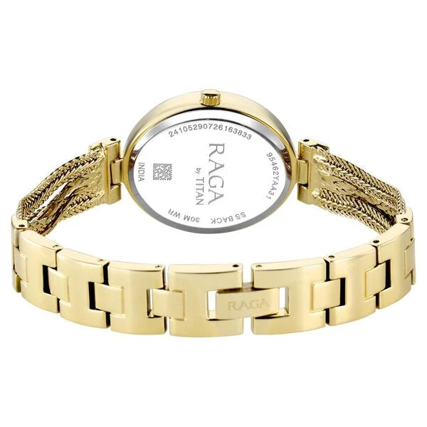 Raga Showstopper Quartz Analog Mother of Pearl Dial Golden Metal Strap Watch For Women 95462ym01