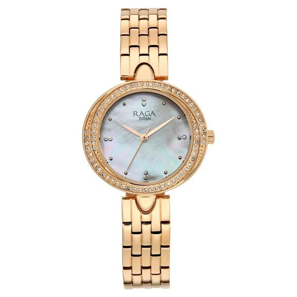Raga Showstopper Quartz Analog Mother of Pearl Dial Rose Gold Metal Strap Watch For Women 95463wm01