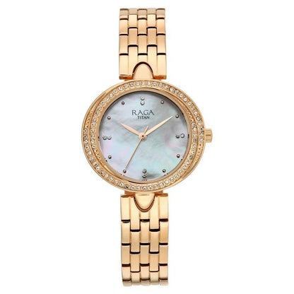 Raga Showstopper Quartz Analog Mother of Pearl Dial Rose Gold Metal Strap Watch For Women 95463wm01