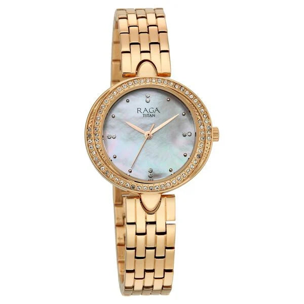 Raga Showstopper Quartz Analog Mother of Pearl Dial Rose Gold Metal Strap Watch For Women 95463wm01