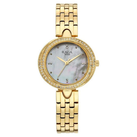 Raga Showstopper Quartz Analog Mother of Pearl Dial Golden Metal Strap Watch For Women 95463ym01