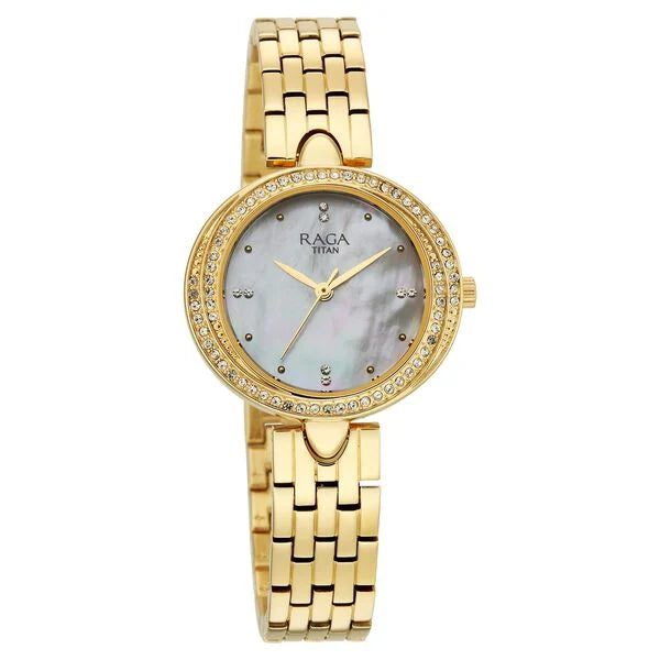 Raga Showstopper Quartz Analog Mother of Pearl Dial Golden Metal Strap Watch For Women 95463ym01