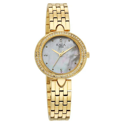 Raga Showstopper Quartz Analog Mother of Pearl Dial Golden Metal Strap Watch For Women 95463ym01