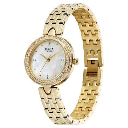 Raga Showstopper Quartz Analog Mother of Pearl Dial Golden Metal Strap Watch For Women 95463ym01