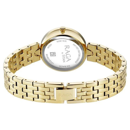 Raga Showstopper Quartz Analog Mother of Pearl Dial Golden Metal Strap Watch For Women 95463ym01