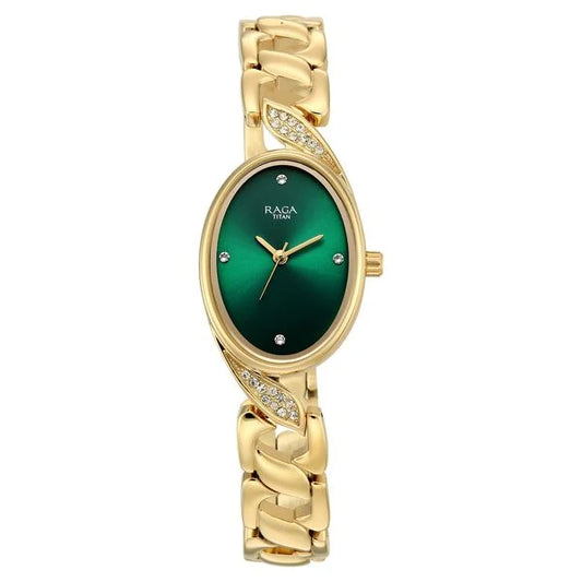 Raga Showstopper Quartz Analog Green Dial Golden Metal Strap Watch For Women 95480ym01