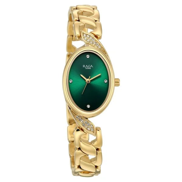 Raga Showstopper Quartz Analog Green Dial Golden Metal Strap Watch For Women 95480ym01