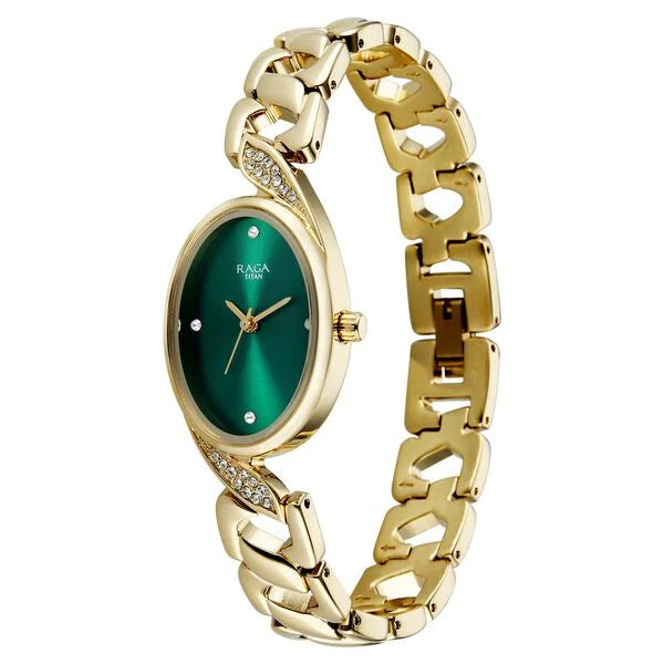 Raga Showstopper Quartz Analog Green Dial Golden Metal Strap Watch For Women 95480ym01