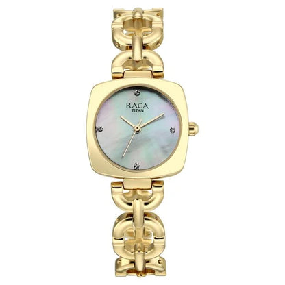 Raga Showstopper Quartz Analog Mother of Pearl Dial Golden Metal Strap Watch For Women 95481ym01