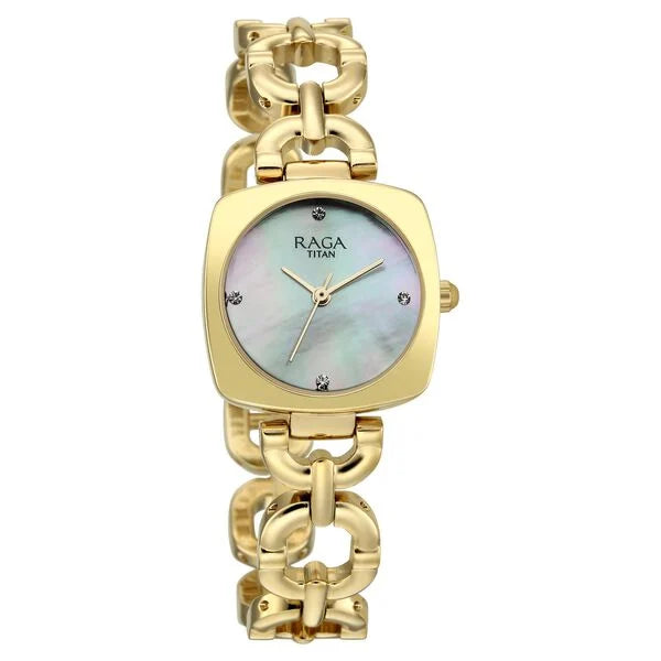 Raga Showstopper Quartz Analog Mother of Pearl Dial Golden Metal Strap Watch For Women 95481ym01