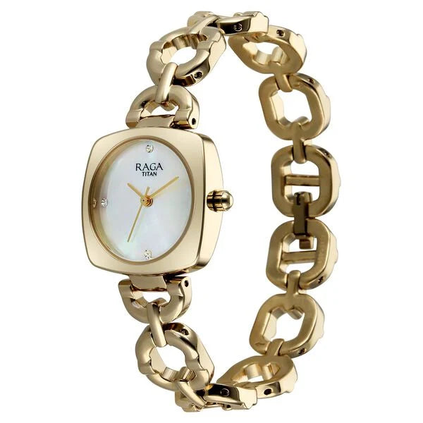 Raga Showstopper Quartz Analog Mother of Pearl Dial Golden Metal Strap Watch For Women 95481ym01
